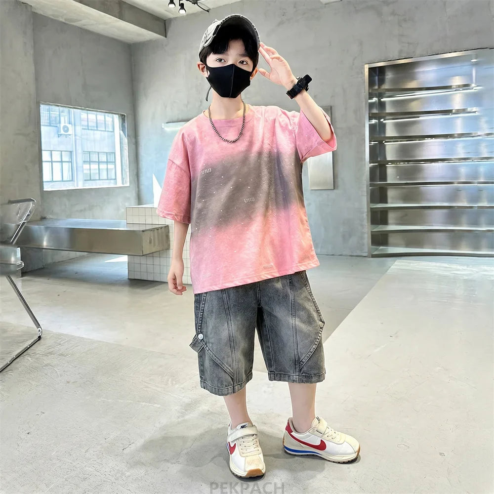 Luxury Children Fashion Summer Set for Boy Cotton Outfit Suit T-shirt Shorts Clothing Kids Street Top And Bottom 2 Pieces Suit