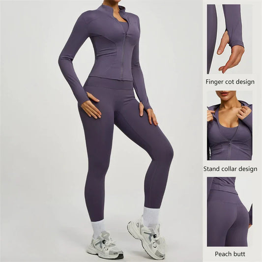 Yoga Coat Sports Top Long Sleeve Jacket Fitness Breathable Women's Tracksuit High Waist Leggings Two Piece Set Gym Clothes