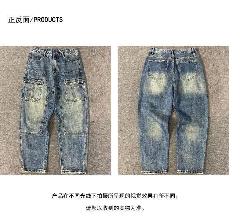 Autumn American Casual Ruffian Handsome Washed Retro Tooling Jeans Men's Straight Loose High Street Tapered Pants Tide