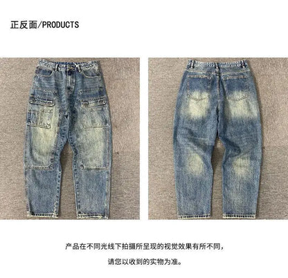 Autumn American Casual Ruffian Handsome Washed Retro Tooling Jeans Men's Straight Loose High Street Tapered Pants Tide