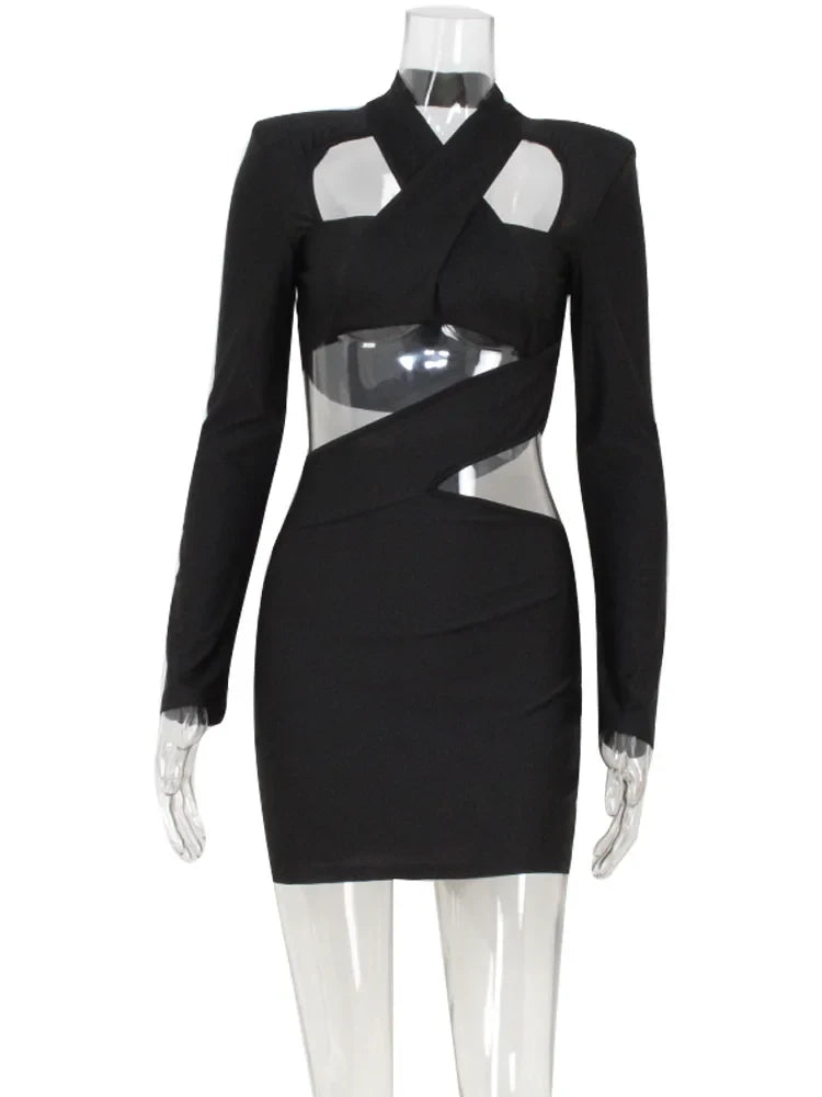 Sexy Club Women's Mini Dresses Solid Hollow Out V-Neck Regular Long Sleeves Sheath Bodycon Slim Fit Streetwear Vestidos