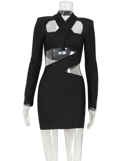 Sexy Club Women's Mini Dresses Solid Hollow Out V-Neck Regular Long Sleeves Sheath Bodycon Slim Fit Streetwear Vestidos