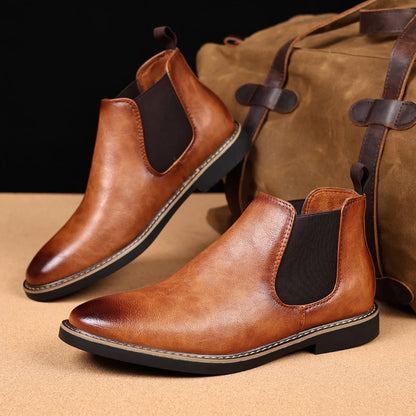 39~47 Men Chelsea Boots Brand Retro Comfortable PU Leather Ankle Boots Men 2025 Fashion Black Brown Mens Boots