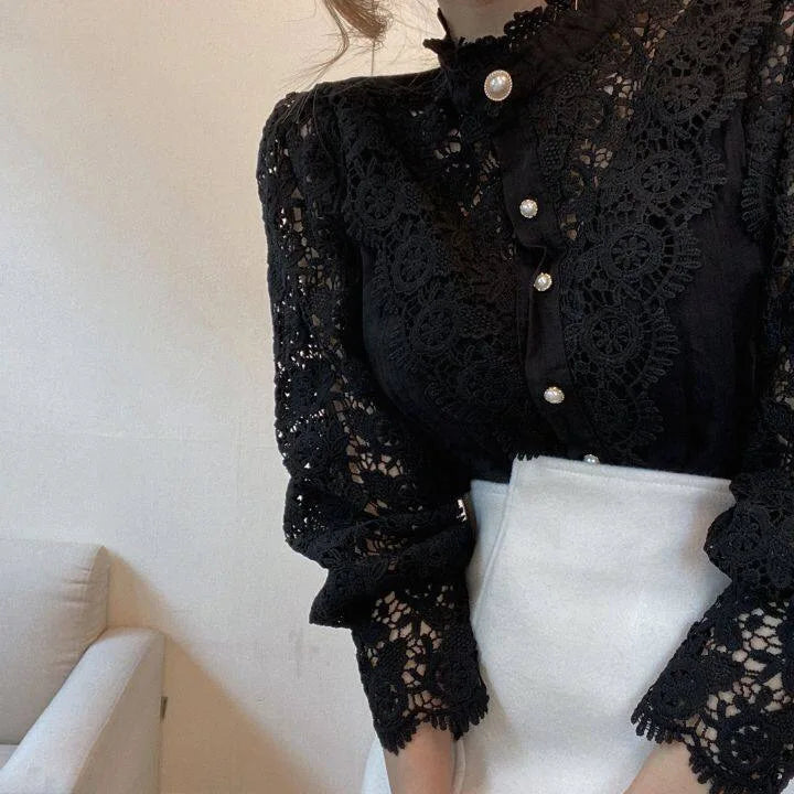 Vintage Solid White Lace Blouse Shirts Women New Korean Button Loose Shirt Tops Female Hollow Casual Ladies Blouses Blusas
