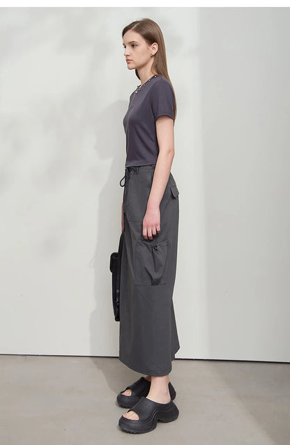 Minimalist Women Clothing Skirt 2025 Autumn New Casual Loose Multi-pocket Drawstring Elastic Waist Long Skirt 12522020
