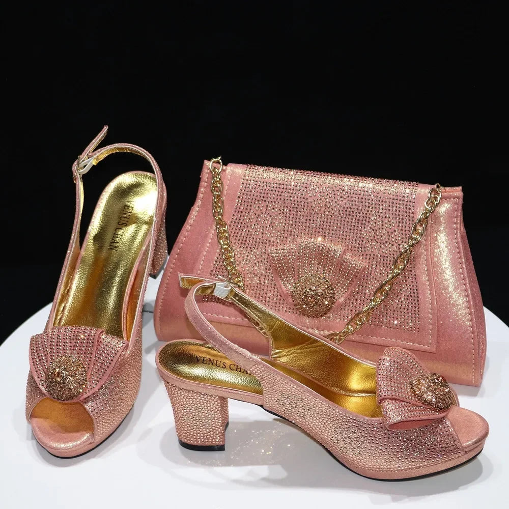 2024 Italian Design Girly Style Golden Color Wedding Shoes And Bag Full Diamond Decoration Metal Closure Bags