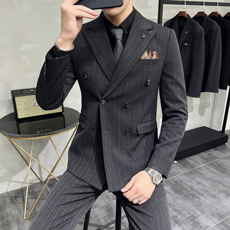 2025 High-quality Korean Version Slim-fit Business (Suit + Vest + Trousers) Striped Double-breasted Suit Three-piece Set
