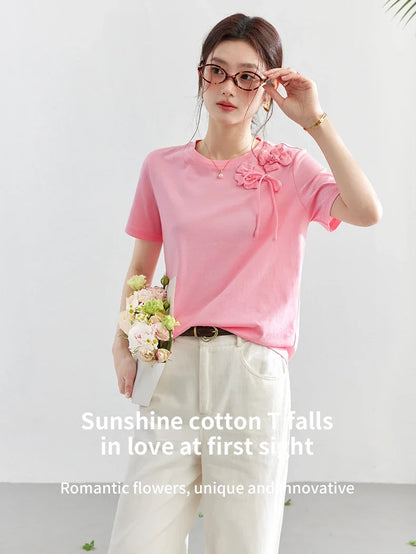 100% Cotton Summer T-Shirt Women 2026 Pink Tees Fashion Heavy 3D Floral Casual Crew Neck Short Sleeve Top A6182