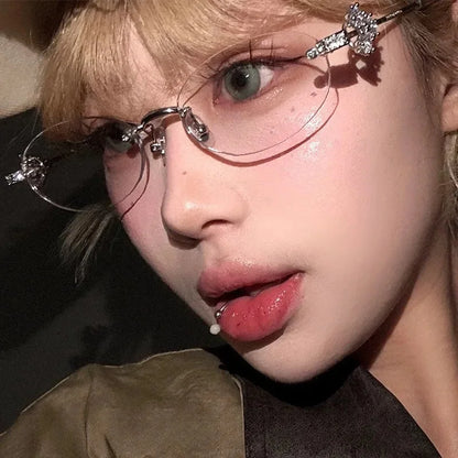 Women's Fashion Glasses Exquisite Diamond Decoration Sunglasses Oval Shaped Frame Cut Edge Frameless Small Outdoor Sun Glasses