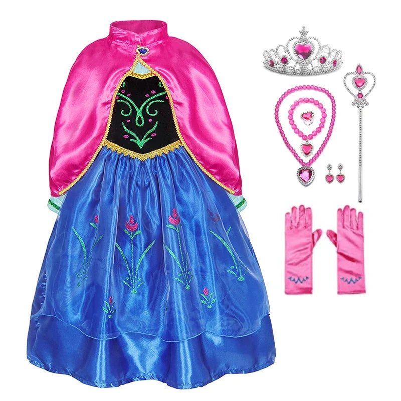 Disney Anna Dress with Cape for Kids Girl Carnival Princess Disguise Frozen Party Clothing Girls Hallloween Anna Gown Prom Dress