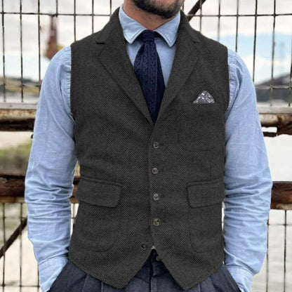Men Vest Khaki Herringbone Single Button With Lapel Waistcoat For Banquet Party Business Office Work Casual Daily Men Suit Vest