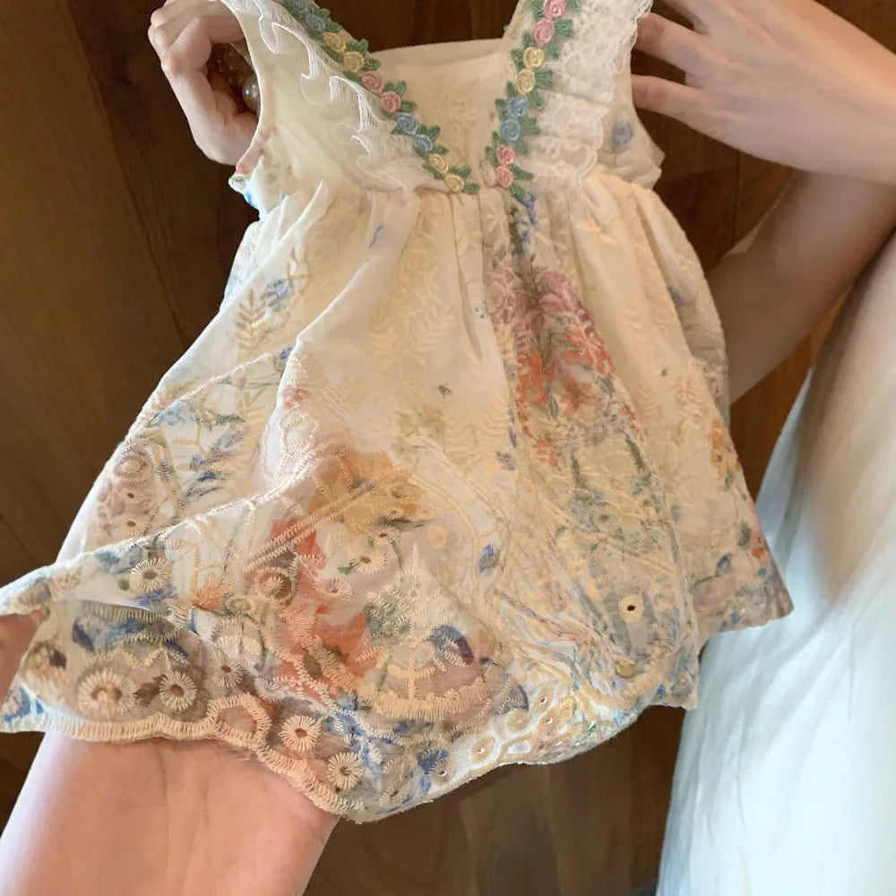 Fashion 2-7 Years Girl Print Lace Sleeveless Vest Princess Dresses Summer Beige Flower Kids Casual Clothes Korean Version