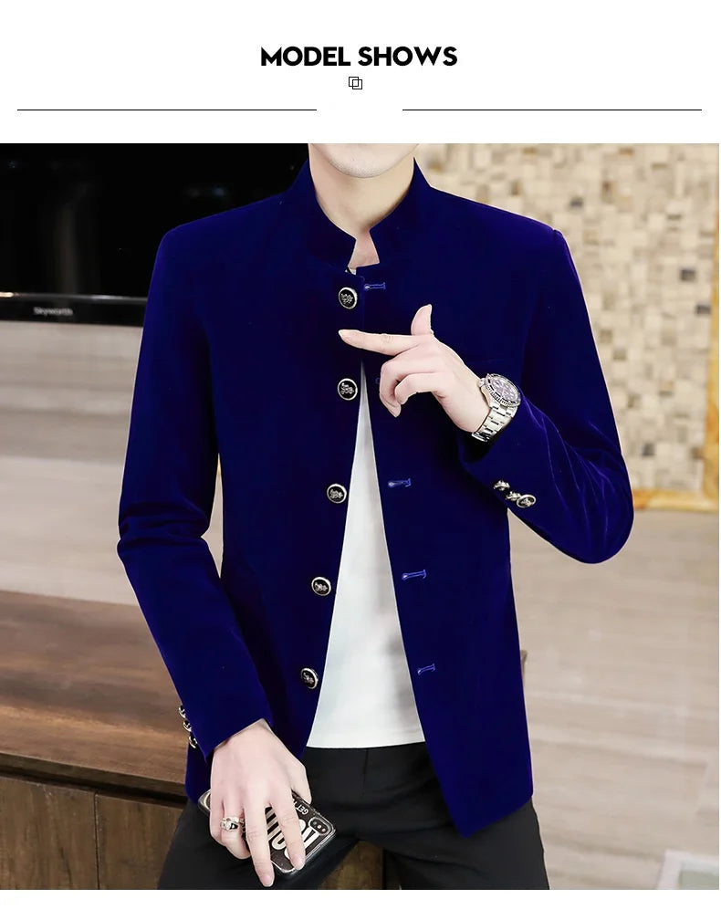 Men's Light Luxury Golden Velvet Coat Youth Fashion Trend Solid Color Stand Collar MAO Suit Handsome Boutique Item