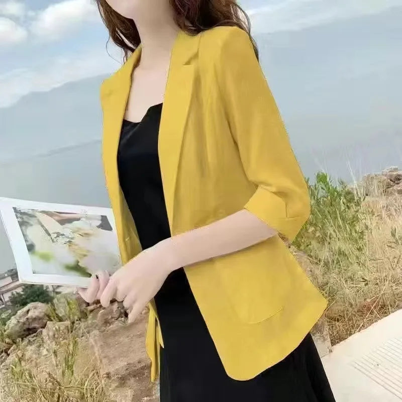 Linen Small Blazer For Women, Thin  Summer Suit, Korean Version, Sun Protection, Casual British Style, White And Black