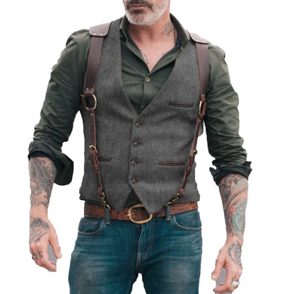 Men's Suit Vest Herringbone Tweed V Neck Business Formal Dress Waistcoat for Wedding Suit or Tuxedo