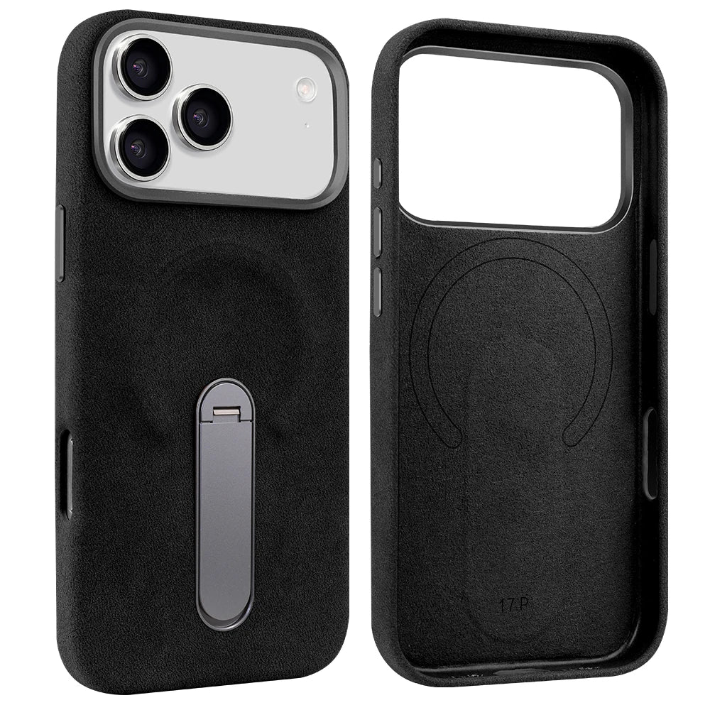 For iPhone 17 Pro Protective Case With Metal Rotatable Kickstand Suede Artificial Leather Phone Case For iPhone 17 16 15 Pro Max