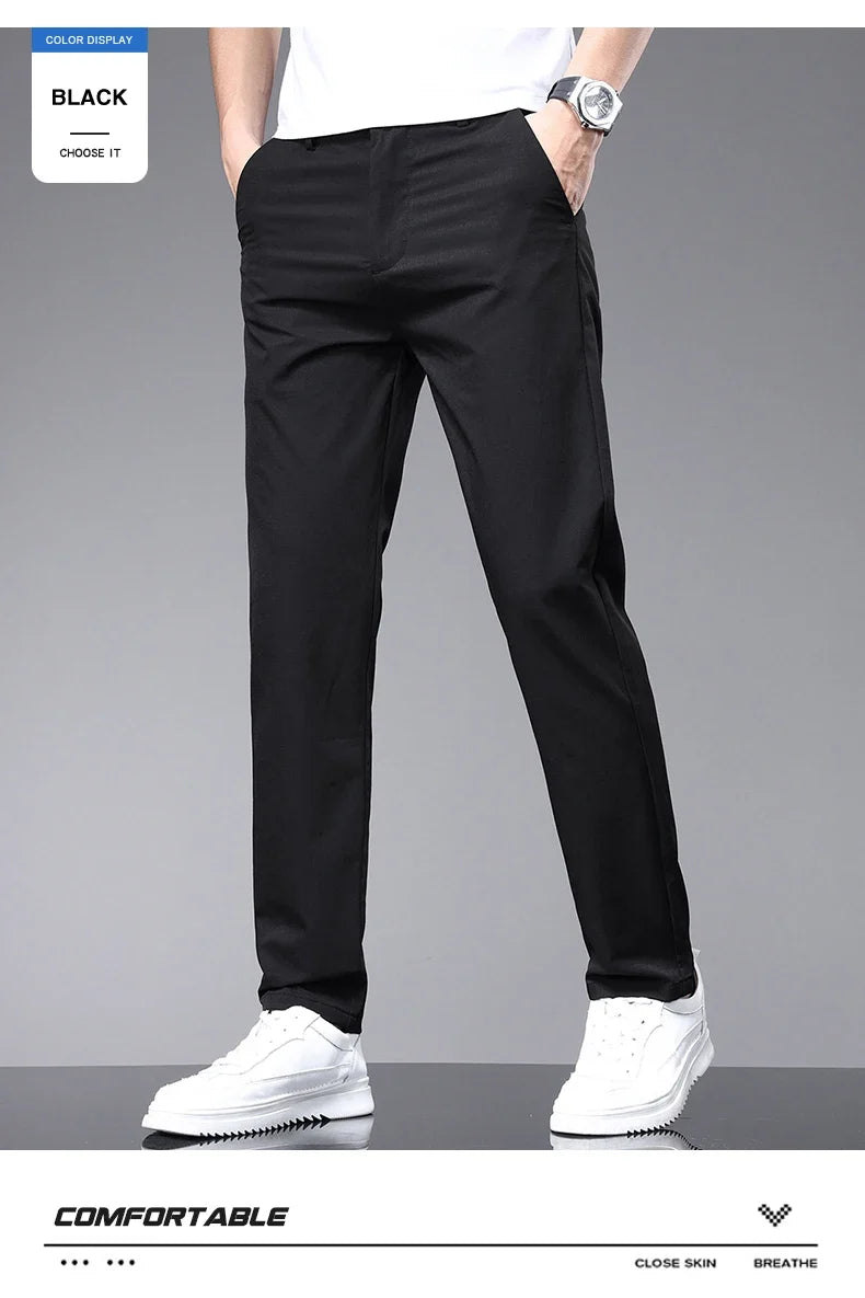 Spring Summer Thin Men's Slim Casual Pants Solid Color Elastic Waist Soft Breathable Business Straight Trousers Black Beige Gray