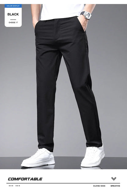 Spring Summer Thin Men's Slim Casual Pants Solid Color Elastic Waist Soft Breathable Business Straight Trousers Black Beige Gray