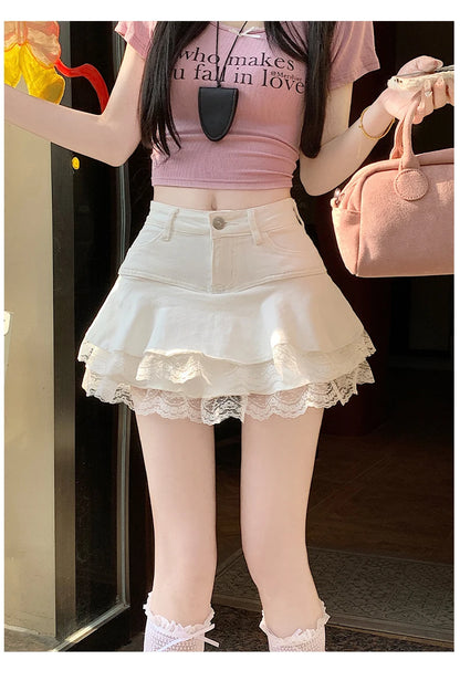 2025 Summer Mini Y2K Denim Skirt Women Fashion Streetwear Ruffles Kawaii Lace Skirts Shorts Preppy School Pleated Jeans Skirt