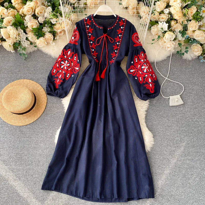 n Sle Embroidered Flower Long Sve Loose Fit Lantern Sve Gathered Slimming A-Line Dr Women's round Ne Dr