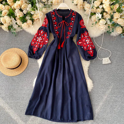n Sle Embroidered Flower Long Sve Loose Fit Lantern Sve Gathered Slimming A-Line Dr Women's round Ne Dr