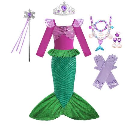 Mermaid Costume for Girl Long Sleeve Girls Dress Carnival Evening Party Dresses Kids Halloween Birthday Prom Dress Up Clothes
