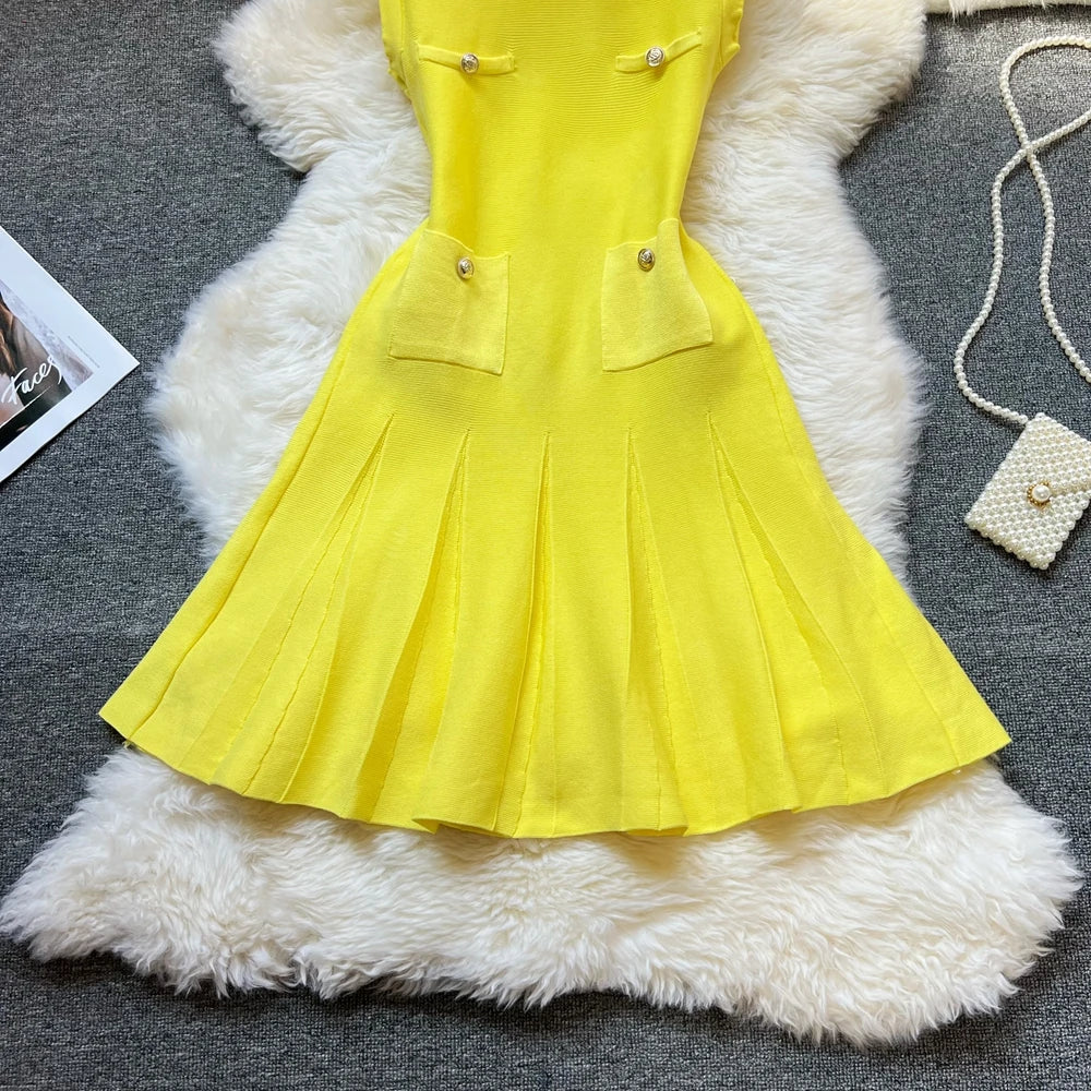 Chic Fashion 2026 Summer Pleated Short Dress Women O-neck Slim Waist A-line Party Dress Streetwear Lady Outfits Vestido