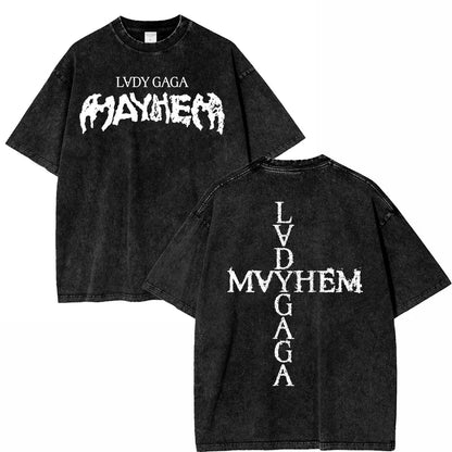 Vintage Washed Lady Gaga The Mayhem Ball Tour 2025 T Shirt Fashion Men/Women Aesthetic High Quality Acid Wash 100% Cotton Tees