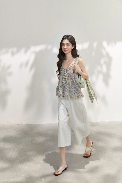 Fashion Floral Ruffles Camis For Women 2026 Summer New Loose A-Line Slimming Design Double Hem Vacation Top MXF26X2666