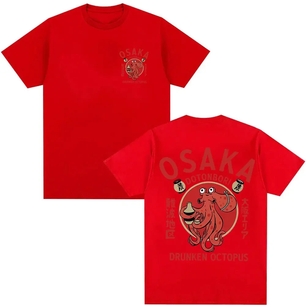 Japanese Osaka Dotonbori Drunken Octopus Food Lover Funny T Shirts Men Women Retro Harajuku Oversized Cotton T-Shirt Streetwear