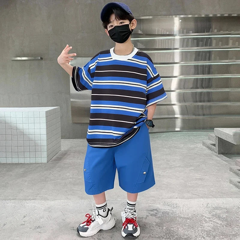 Elegant Children Summer Suit Outfit for Boy Striped Top and Bottom Set Kids Teenagers Cotton T-shirt Shorts 2 Pieces Clothes Set