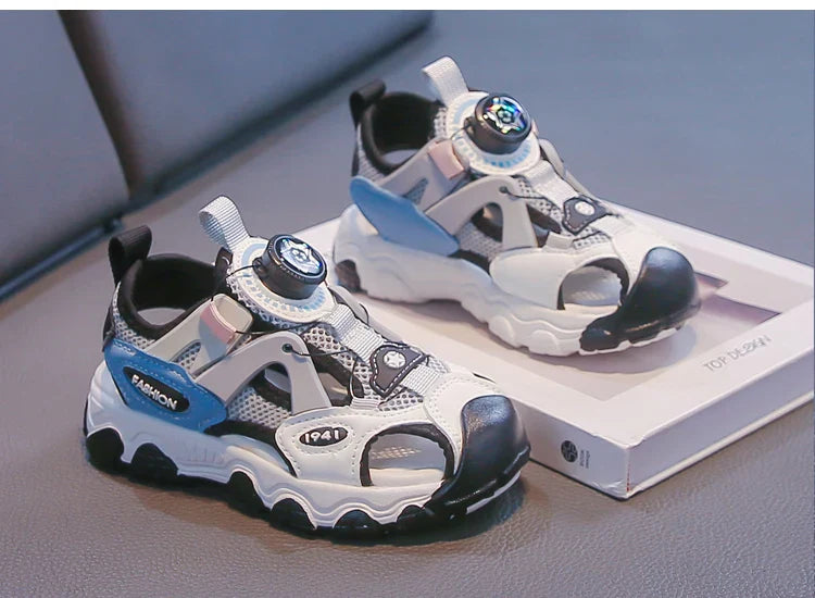 Kids Shoes Rotating Button Closed-Toe Boys Sandals Breathable Mesh Sport Shoes for Boys, Non-Slip Children Summer Sneakers