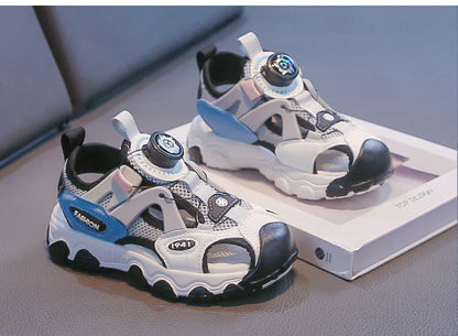 Kids Shoes Rotating Button Closed-Toe Boys Sandals Breathable Mesh Sport Shoes for Boys, Non-Slip Children Summer Sneakers