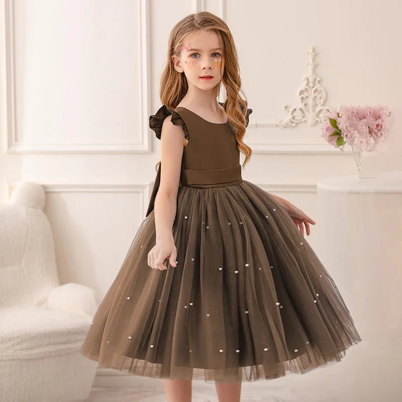 Flower Girl Dresses Birthday Tulle Dress Backless Bow Wedding Gown Kids Party Wear Princess Pink Baby Bowknot Toddler