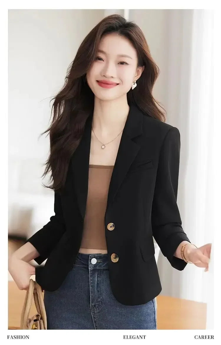 Caramel Short Suit Jacket Women's Casual High-Waisted 2025 New Spring Autumn Short Style Upper Body Fashion Polyester Fiber