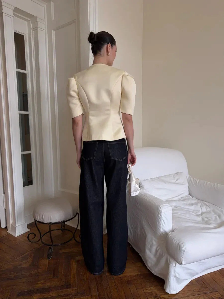 KT Elegant Satin Puff Sleeve Blouse for Women Round Neck Button Down Fitted Waist Asymmetric Hem Office & Formal Wear Tops