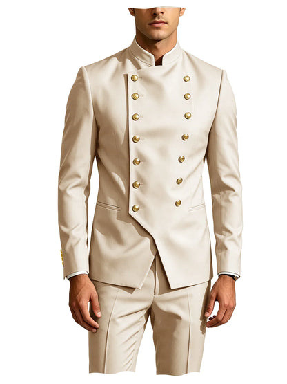 Men's Double Breasted Stand Collor Suit 2 Pieces Blazer Pants Set Slim Fit Business Casual Suit Jacket Formal Wedding Tuxedo