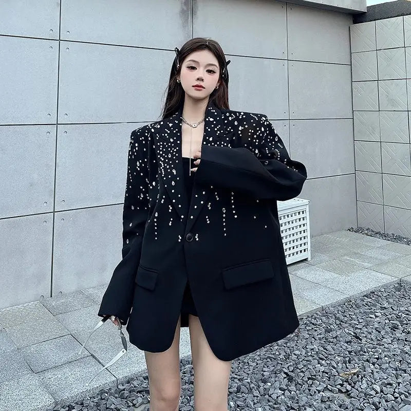 High-Quality Hot Diamond Black Blazer Women's Neutral Spring And Autumn New Design V ersatile Long-Sleeved Shoulder Padded Suit