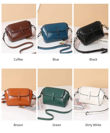 Oil Wax Cowhide Leather Cross Body Small Bag for Women Fashionable and Versatile Shoulder Shell Hand Bag Ladies Casual Phone Bag