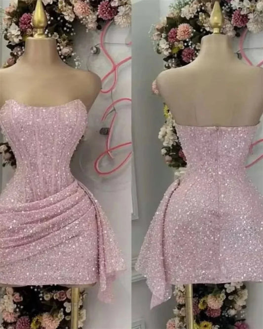 Sansa Customized Shiny Sequins Strapless Mini Prom Dresses Zip Pink Beaded فساتين سهرة Pleats Sleeveless Colum Party Dresses