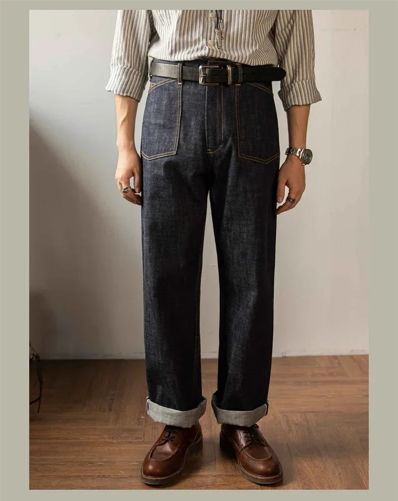 Denim Railroad Pants High Waist Rugged Style Selvage Jeans Back Buckle