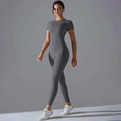 Yoga Set Women Workout Set Sportswear Gym Clothing Fitness Shorts Sleeve Crop Top High Waist Leggings Sports Suits