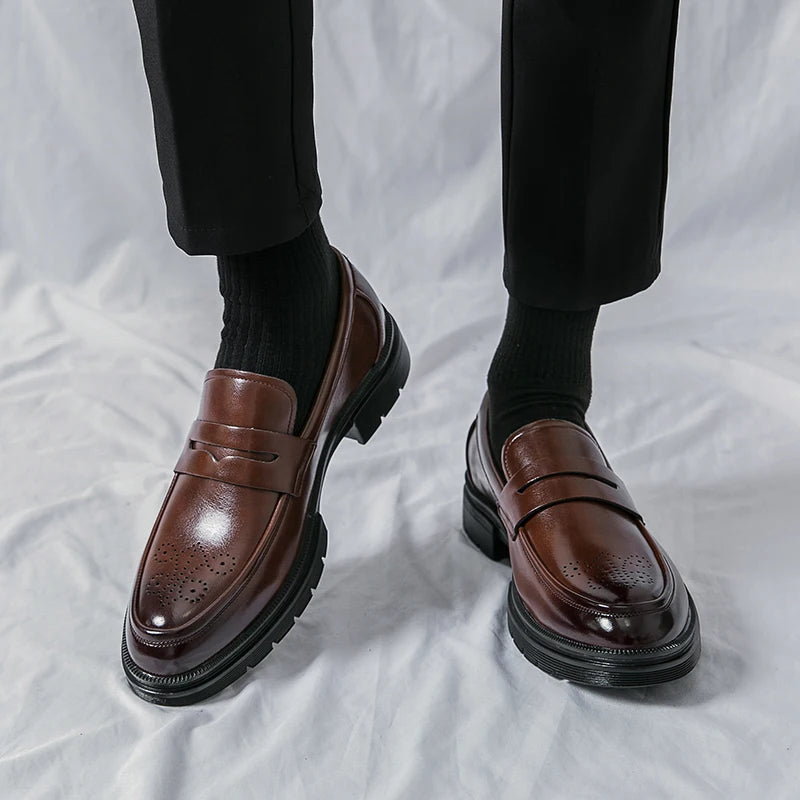Spring Luxury Thick soled Casual Shoes Men's Black Penny loafers men Brown Business Office Dress Shoes for Mentênis masculino
