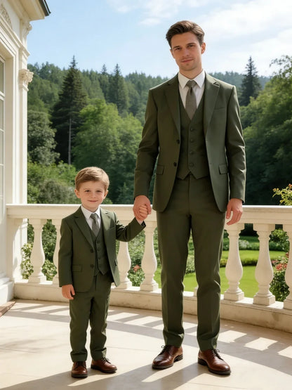 Green Formal Mens & Child Suits,3-pieces Jacket Vest Pants,Father Son Wedding Guest Outfit,Plus Size Coming of Age Communion