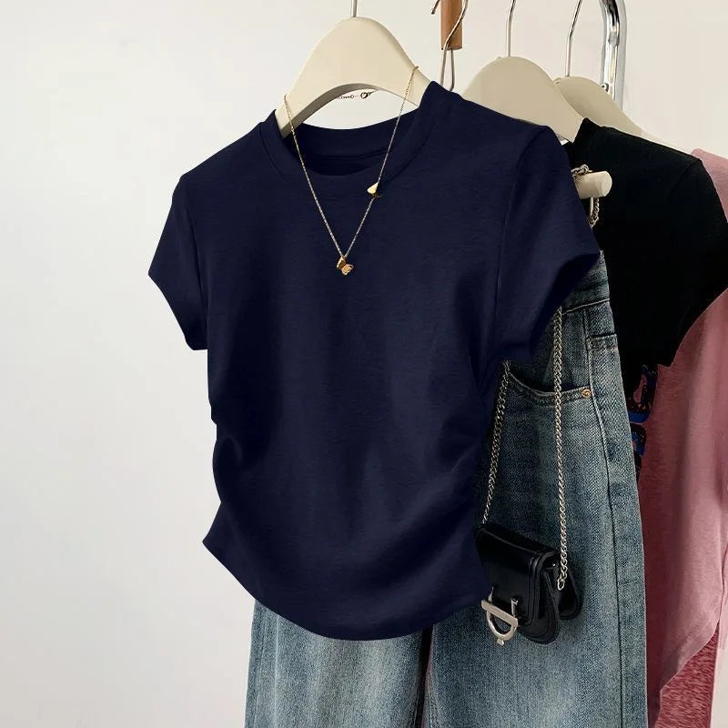 Summer Slim Fit Top for Women Casual Threaded Waist Cinched U-Shaped Hem Short Sleeve Irregular Hemline Women's Clothing