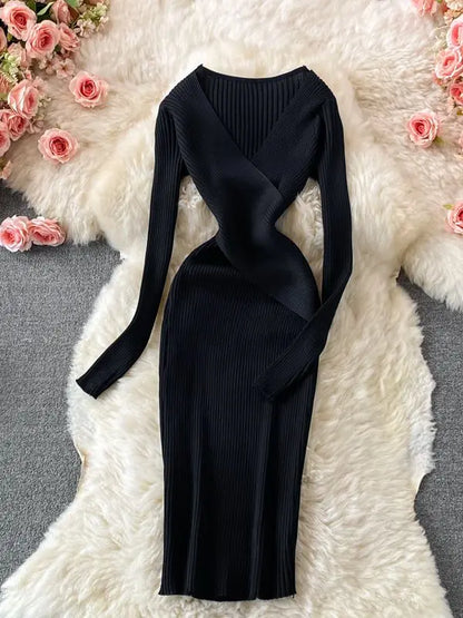 Autumn Winter 2025 Women Dress Elegant Cross V-neck Slim Waist Knitted Bodycon Dress Korean Office Lady Vestidos