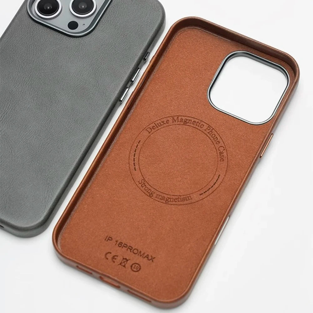 Premium Vintage Leather Magnetic Phone Case for IPhone 16 14 13 15 Pro Max Wireless Charging Alloy Camera Shockproof Back Cover
