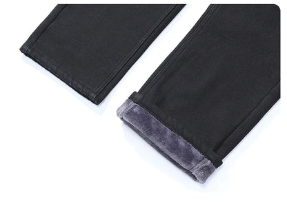 Winter Men's Fleece Warm Jeans Classic Black Plush Loose Straight Business Casual Pants Thermal Male Clothing 40 42 44