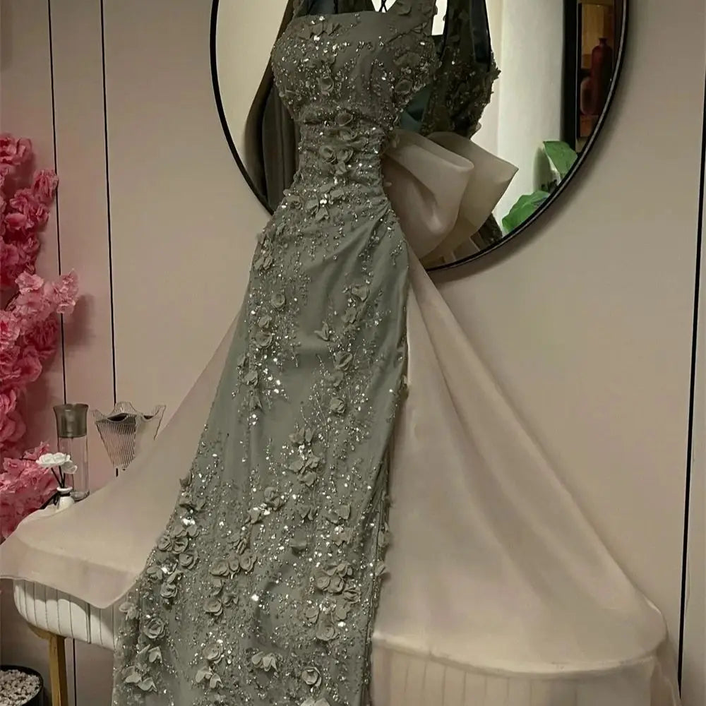 Customized Beaded Square Neck Sleeveless Prom Dress Long A Line Formal Evening Gown Floral Appliques Bow Back Design