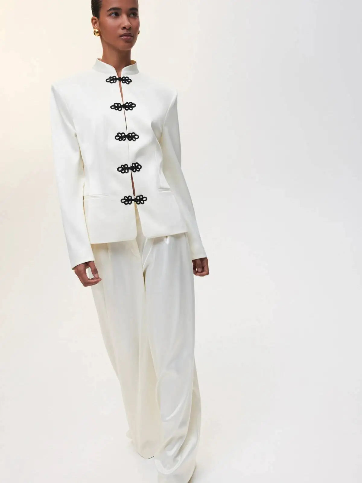 Women's Spring Summer Mandarin Collar Frog Button Cropped Chinese Style Blazer Casual 2026 Trendy Feminine Fashion Coat